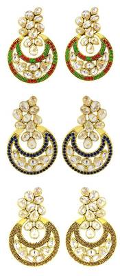 Designer Flower Kundan Gold Plated Chandbali Earring Combo For Women 1