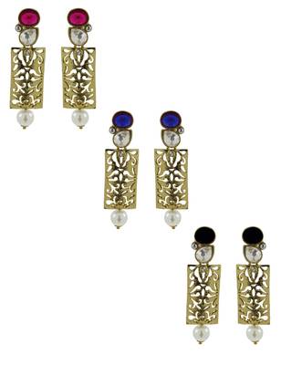 Designer Filigree Ruby Multicolor Kundan Polki Pearl Antique Gold Plated Earring Combo For Women 1