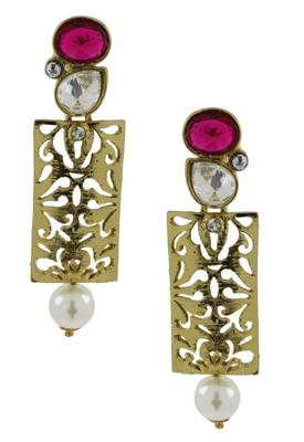 Designer Filigree Ruby Multicolor Kundan Polki Pearl Antique Gold Plated Earring Combo For Women 2