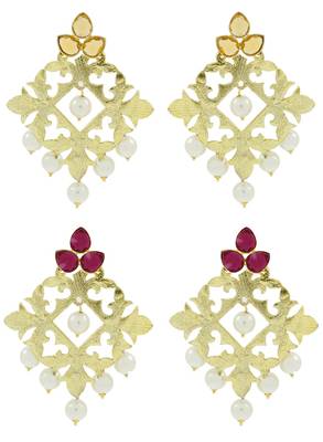 Statement Large Filigree Flower Pearl Antique Gold Plated Chandelier Earring Combo For Women 1