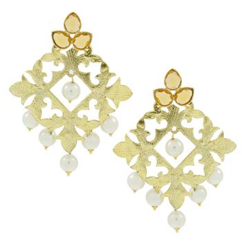Statement Large Filigree Flower Pearl Antique Gold Plated Chandelier Earring Combo For Women 2