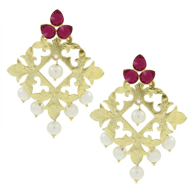 Statement Large Filigree Flower Pearl Antique Gold Plated Chandelier Earring Combo For Women