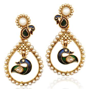 Ethnic Indiajewellery- Pair of peacock dangler pearl bali hoop earring 1