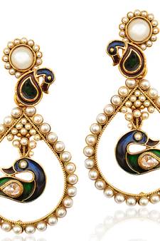 Ethnic Indiajewellery- Pair of peacock dangler pearl bali hoop earring