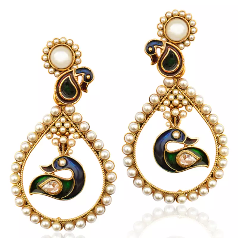 Ethnic Indiajewellery- Pair of peacock dangler pearl bali hoop earring