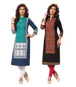 Blue  and  Black Color Printed Cotton Kurtis for Girls-Set Of 2