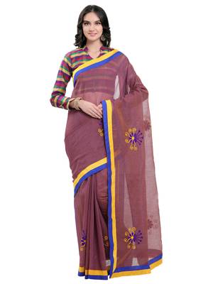 Purple Embroidered Cotton Saree With Blouse 1