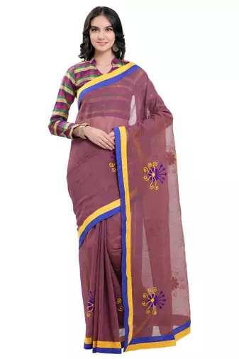 Purple Embroidered Cotton Saree With Blouse