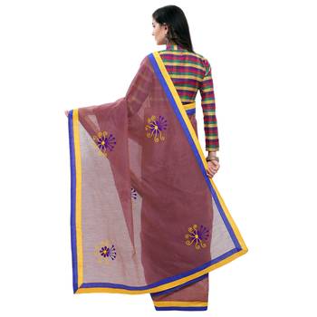Purple Embroidered Cotton Saree With Blouse 2