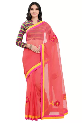 Pink Embroidered Cotton Saree With Blouse