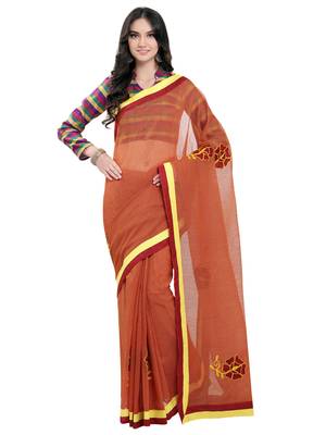 Rust Embroidered Cotton Saree With Blouse 1