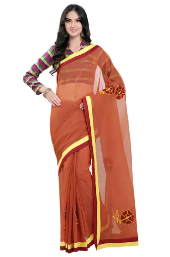Rust Embroidered Cotton Saree With Blouse