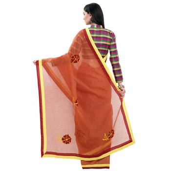 Rust Embroidered Cotton Saree With Blouse 2