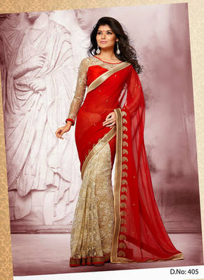 Red Chiffon Net Jacquard Half And Half Saree with Blouse 1