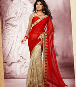 Red Chiffon Net Jacquard Half And Half Saree with Blouse