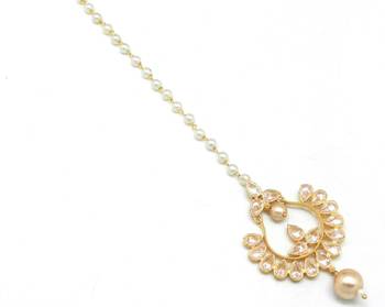 Chand Bali Shaped Maang Tikka Decorated With American Diamond  And  Pearl Drops 2