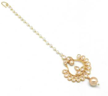 Chand Bali Shaped Maang Tikka Decorated With American Diamond  And  Pearl Drops 3
