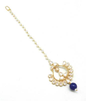 Chand Bali Shaped Maang Tikka Decorated With American Diamond  And  Pearl Drops 2