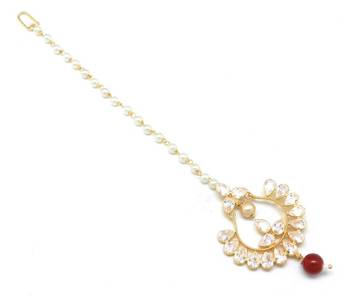 Chand Bali Shaped Maang Tikka Decorated With American Diamond  And  Pearl Drops 1