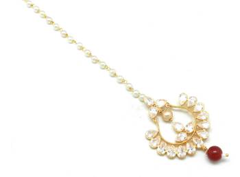 Chand Bali Shaped Maang Tikka Decorated With American Diamond  And  Pearl Drops 2