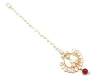 Chand Bali Shaped Maang Tikka Decorated With American Diamond  And  Pearl Drops 3