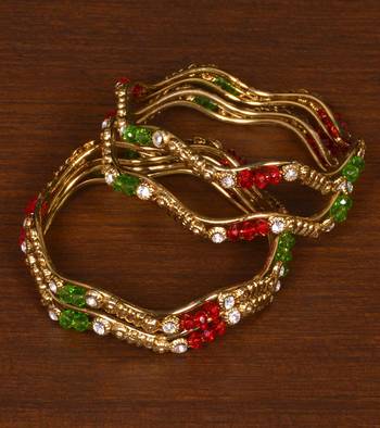 Gold Plated Red and Green Zircon Stone Worked Zigzag Style Bangles 1