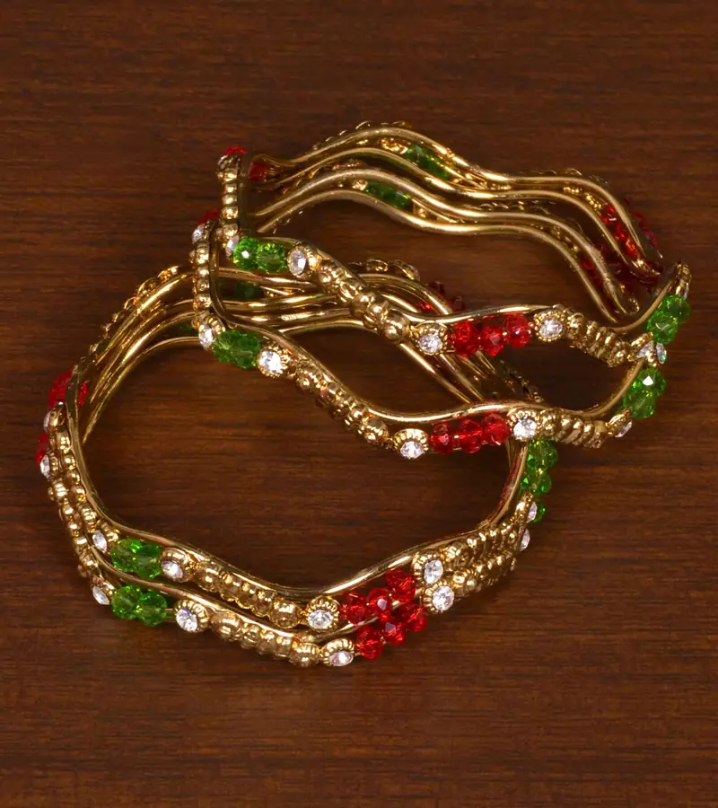 Gold Plated Red and Green Zircon Stone Worked Zigzag Style Bangles