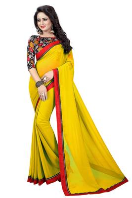 Yellow plain georgette saree with blouse 1