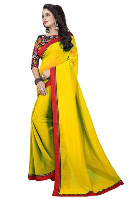 Yellow plain georgette saree with blouse 3