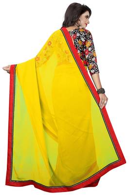 Yellow plain georgette saree with blouse 4