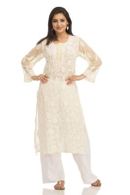 Lemon Embroidered Georgette Chikankari Kurti  1