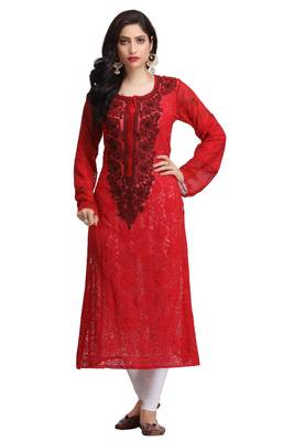 Red Embroidered Georgette Chikankari Kurti 1