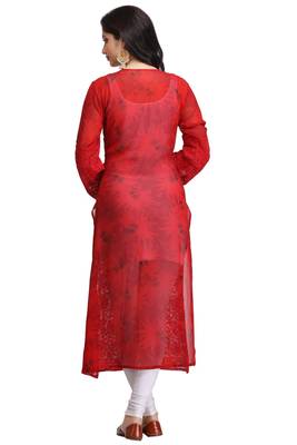 Red Embroidered Georgette Chikankari Kurti 2