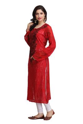 Red Embroidered Georgette Chikankari Kurti 3