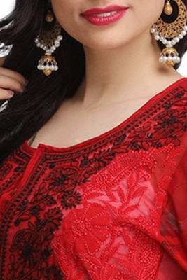 Red Embroidered Georgette Chikankari Kurti 4