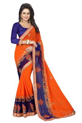 Orange embroidered georgette saree with blouse 1