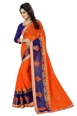 Orange embroidered georgette saree with blouse 2