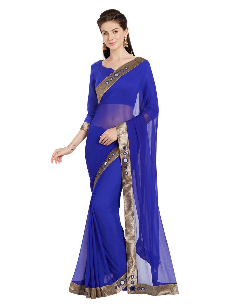 Royal blue plain chiffon saree with blouse