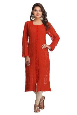Orange Embroidered Georgette Chikankari Kurti 1
