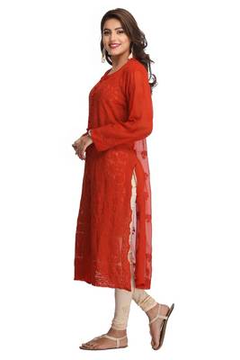 Orange Embroidered Georgette Chikankari Kurti 3