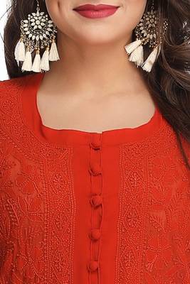 Orange Embroidered Georgette Chikankari Kurti 4