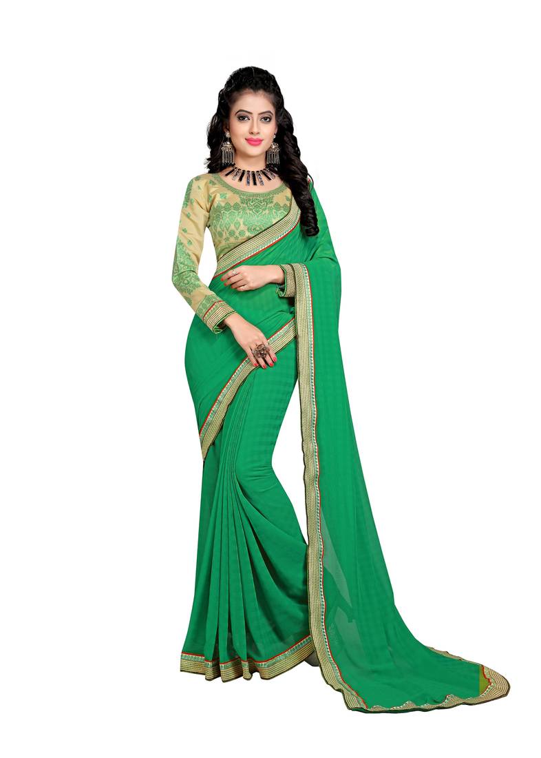 Women's Chiffon Green Printed Designer Saree With Blouse Piece