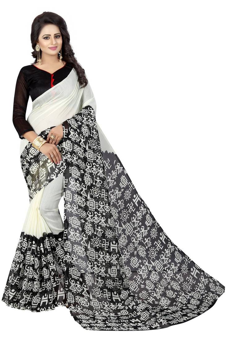 Black printed cotton silk saree with blouse