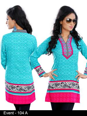 Light turquoise with Chinese collar on American Crepe Printed Short Kurta with Long Sleeve 1