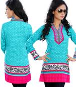 Light turquoise with Chinese collar on American Crepe Printed Short Kurta with Long Sleeve