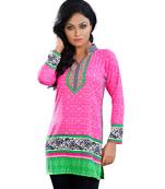 Light Pink with Chinese collar on American Crepe Printed Short Kurta with Long Sleeve