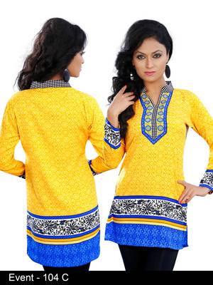 Light yellow with Chinese collar on American Crepe Printed Short Kurta with Long Sleeve 1