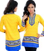 Light yellow with Chinese collar on American Crepe Printed Short Kurta with Long Sleeve