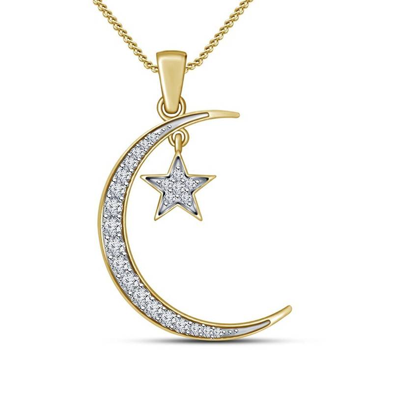 4k Gold Plated and Sterling Silver Simulated Diamond Moon and Star Pendant