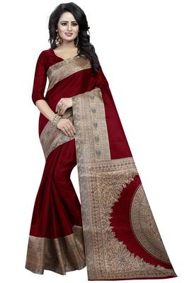 Maroon printed art silk saree with blouse 1